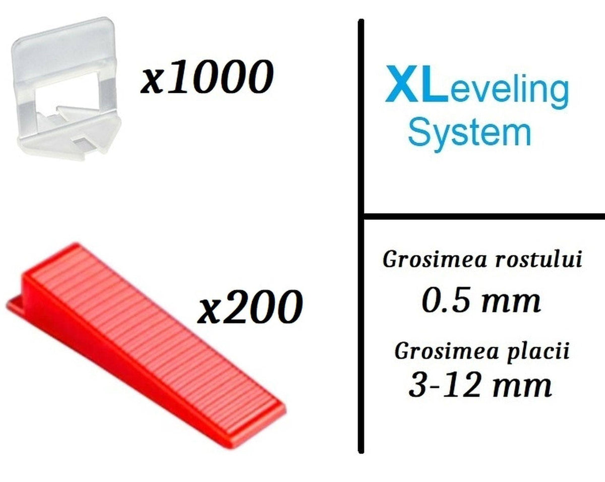 Pachet XLeveling PROFESIONAL, 0.5mm - nivelare gresie si faianta (1000Clips+200Pene)