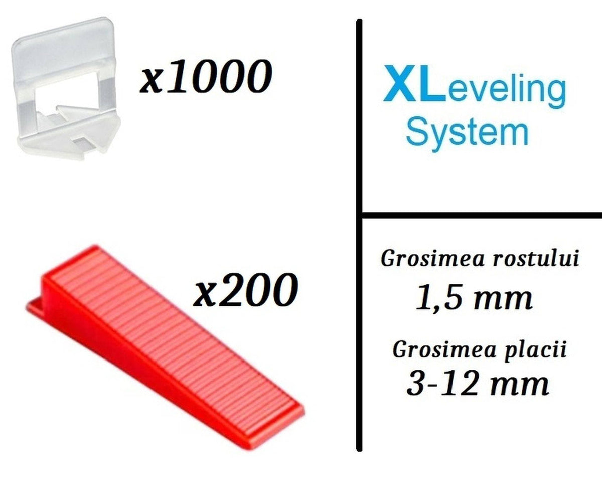 Pachet XLeveling PROFESIONAL, 1,5mm - nivelare gresie si faianta (1000Clips+200Pene)