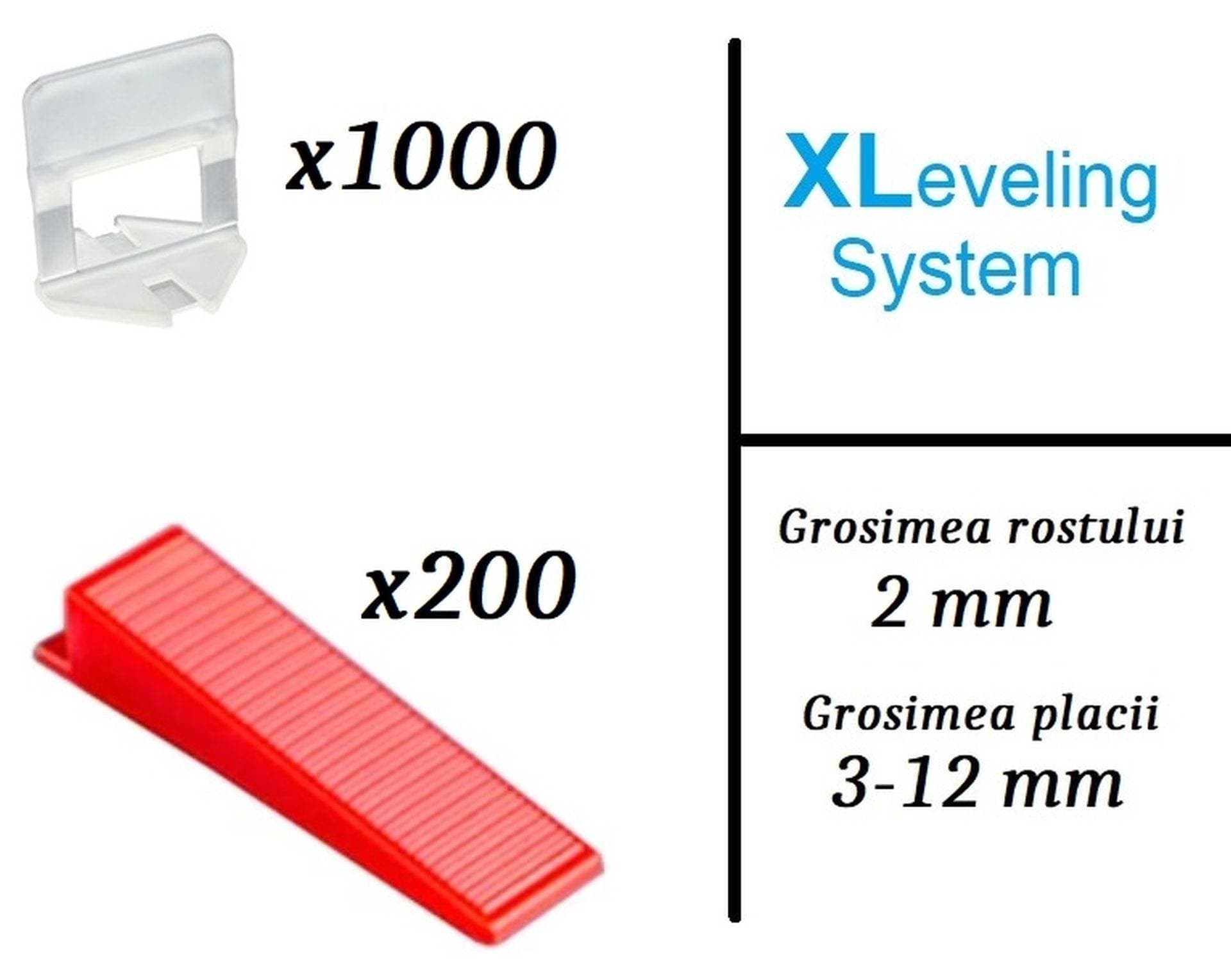 Pachet XLeveling PROFESIONAL, 2mm - nivelare gresie si faianta (1000Clips+200Pene)