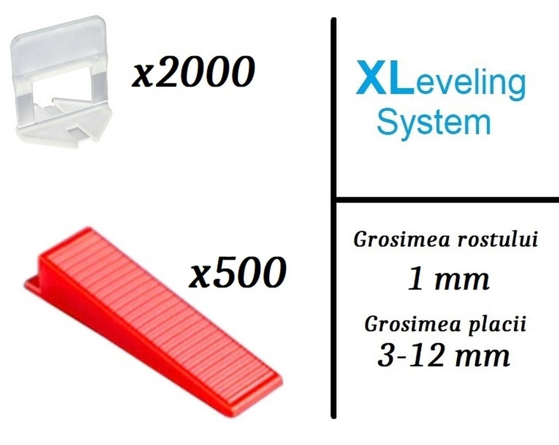 Pachet XLeveling PROFESIONAL-EXTRA, 1mm - nivelare gresie si faianta (2000Clips+500Pene)